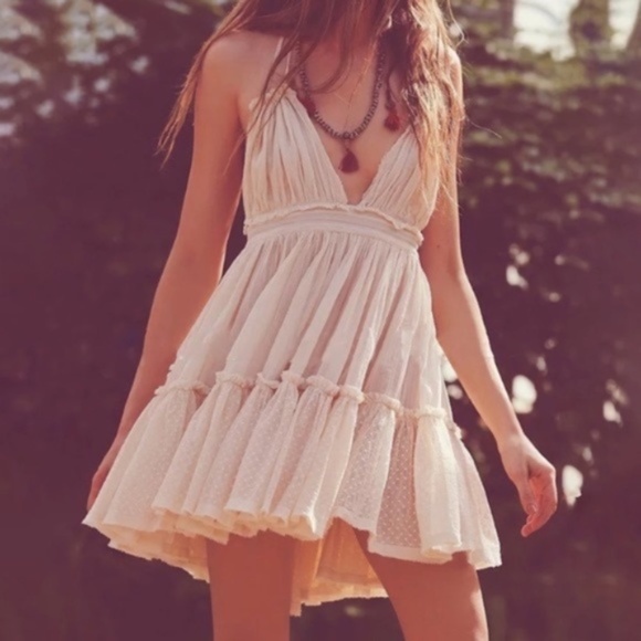 Ivory Swiss Dot Mesh Boho Halter Mini Dress - Picture 6 of 7